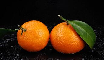 Two ripe juicy tangerines on a black background with drops of water. photo