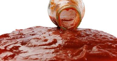 Tomato sauce . A glass bottle with ketchup and a puddle of ketchup spilled around it. photo