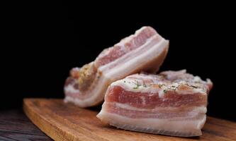 Appetizing salty lard with layers of meat. Salted lard with garlic and herbs. photo