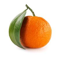 Ripe juicy tangerine isolated on a white background. Organic tangerine with green leaf. Mandarin. photo