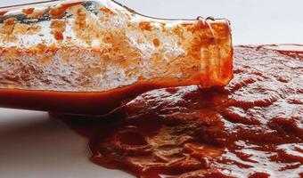 tomate salsa . un vaso botella con salsa de tomate y un charco de salsa de tomate derramado alrededor él. foto