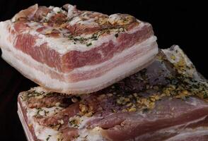 Appetizing salty lard with layers of meat. Salted lard with garlic and herbs. photo