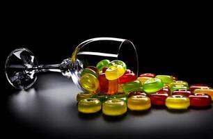 A lot of candy canes are scattered from an overturned glass goblet. Multi-colored candies in a glass on a black background. photo