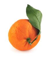 Ripe juicy tangerine isolated on a white background. Organic tangerine with green leaf. Mandarin. photo