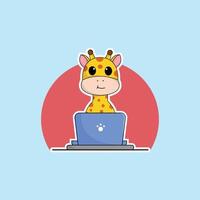 cute animal giraffe cartoon working at laptop illustration animal technology concept premium flat cartoon vector