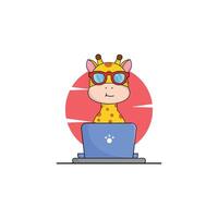 cute animal giraffe cartoon working at laptop illustration animal technology concept premium flat cartoon vector