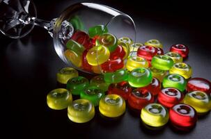 Many lollipops spill out from an overturned glass goblet. Multi-colored candies in a glass on a black background. photo