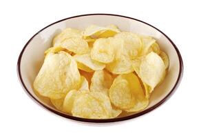 Bowl of potato chips isolated on white background. photo