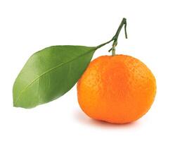 Ripe juicy tangerine isolated on a white background. Organic tangerine with green leaf. Mandarin. photo