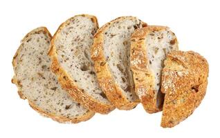 Loaf of bread cut into pieces isolated on a white background. pieces of bread. Art bread. photo