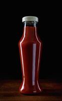 botella de tomate salsa en un oscuro antecedentes. salsa de tomate en un vaso botella en un de madera tablero. foto