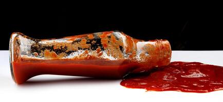 Tomato sauce . A glass bottle with ketchup and a puddle of ketchup spilled around it. photo