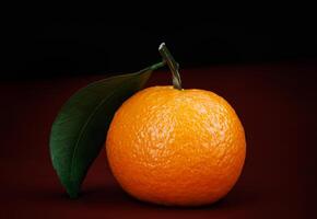 Two ripe juicy tangerines on a dark red background. photo