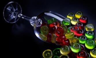 Many lollipops spill out from an overturned glass goblet. Multi-colored candies in a glass on a black background. photo