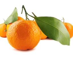 Several ripe tangerines on a white background. Organic tangerine with green leaf. Mandarin. photo