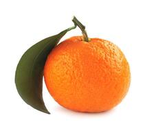 Ripe juicy tangerine isolated on a white background. Organic tangerine with green leaf. Mandarin. photo