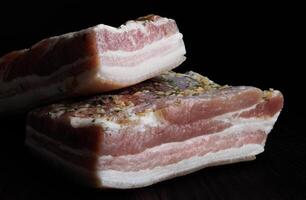 Appetizing salty lard with layers of meat. Salted lard with garlic and herbs. photo