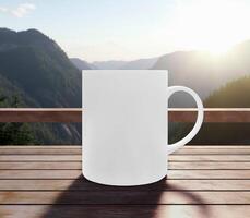 cup of coffee on top of a wooden table photo