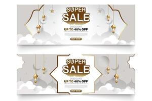 Islamic theme promotional banner, super sale discount. vector