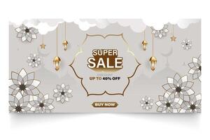 Islamic theme promotional banner, super sale discount. vector