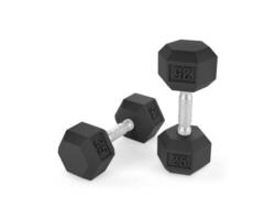 hexagonal rubberized dumbbells on white background photo