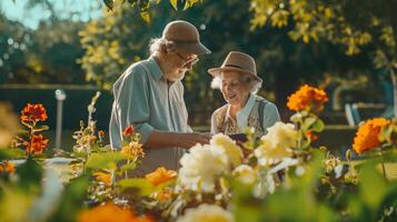 Young individual and an elderly person sharing laughter while operating a handheld device together in a lively park, enveloped by verdant foliage and vibrant blooms. photo