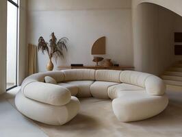 un prodigar hinchado curvo sofá comandos atención en un minimalista moderno vivo habitación, rodeado por pulcro, subestimado mobiliario y bañado en el suave brillo. foto