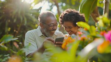 A joyful young person and a senior happily using a portable device together in a vibrant park, surrounded by lush greenery and colorful flowers. photo