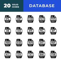 File type database icon Set. document files and format extension symbol icons. with a solid style. vector