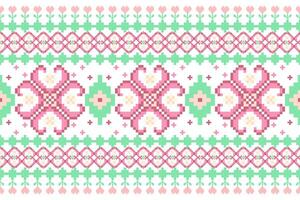 Geometric ethnic oriental seamless pattern. Axtec style embroidery floral pixel art background design for fabric, clothing, textile, scarf, wallpaper, table runner, wrapping, print, sarong vector