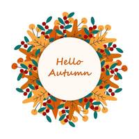 Hello Autumn Handwriting lettering in circle frame of Rustic Leaves Seasonal Greeting Design Element vector