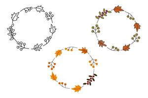 Colorful and outline Circular Frames of Autumn Leaves and twigs berry Set of 3 Template Copy space vector