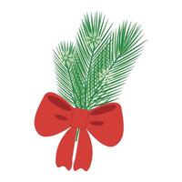 Abstract Christmas bouquet of 3 Pine branches with red ribbon bow and snowflakes in cartoon style vector