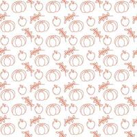 Outline hand drawn Pumpkins, apples and berry twigs Seamless pattern in trendy orange Thanksgiving vector