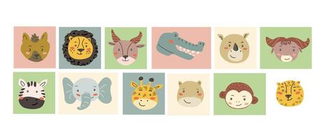 African animals faces set. Cute doodle animals portraits vector