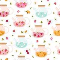 Pattern with glass teapots with different flavors vector