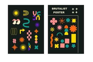 Brutalist posters set with naive playfull shapes and smile stickers vector