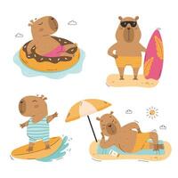 Summer funny capybaras surf and relax set vector