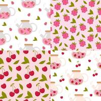 Pattern of teapots with raspberries and cherries vector