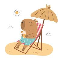 Capybara with orange juice sunbathing on the beach vector