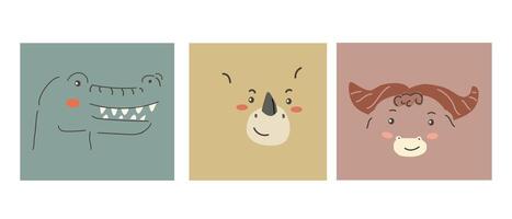 African animals faces set. Cute doodle animals portraits vector