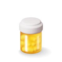 3D glass bottle full of pills. Render medicine package for pills, capsule, drugs. Box for illness and pain treatment. Medical drug, vitamin, antibiotic. Healthcare pharmacy. vector