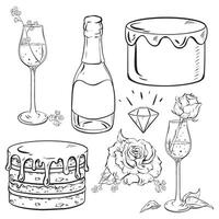 Monochromatic drawing with drinkware, bottle, and diamond on table vector