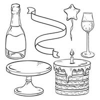 Monochrome drawing of Drinkware, Bottle stopper, Glass, Cake with sparklers vector