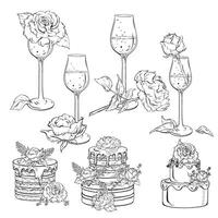 un monocromo dibujo presentando vasos, rosas, panqueques, y un pastel vector