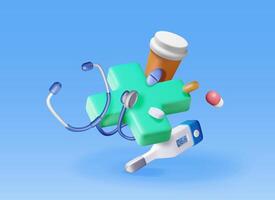 3d first aid kit with stethoscope, thermometer and pill container. Render medicine cross and tablets. Healthcare, hospital and medical diagnostics. Urgency and emergency services. vector
