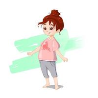 A illustration of a young girl with brown hair tied up in a bun, standing barefoot and smiling. wearing a pink T-shirt with a bird graphic and gray pants. The background green brush strokes. vector