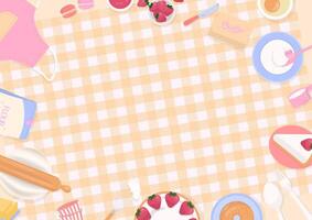 Cake and bakery ingredients on plaid tablecloth background vector