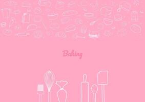 Baking utensils and bakery products on pink background vector