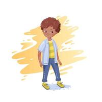 illustration of a smiling dark-skinned boy with curly hair, wearing casual clothes and standing against a yellow background. vector
